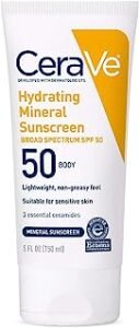 CeraVe Hydrating Mineral Sunscreen SPF 50 provides broad-spectrum sun protection with a focus on hydrating and nourishing the skin