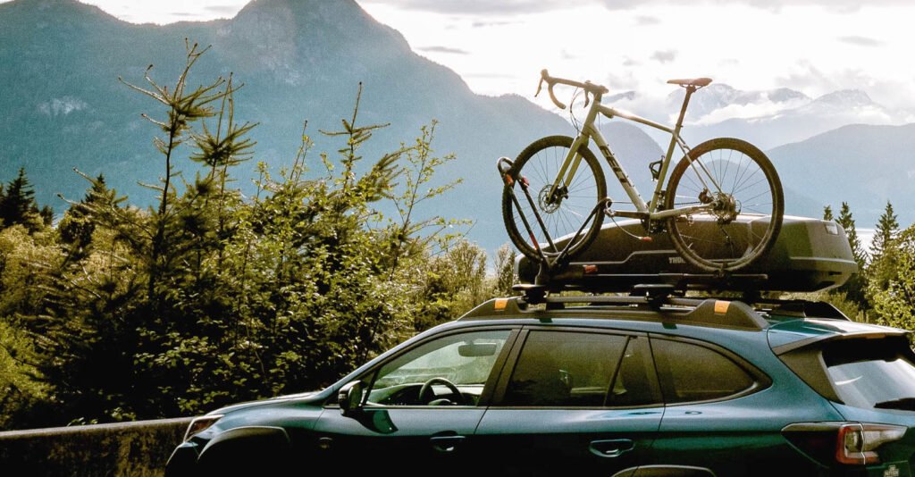 Thule Rooftop Cargo Carrier roof box with Mountain Bike prepared for a mountain biking and hiking adventure in the great outdoors Best Rooftop Cargo Carriers