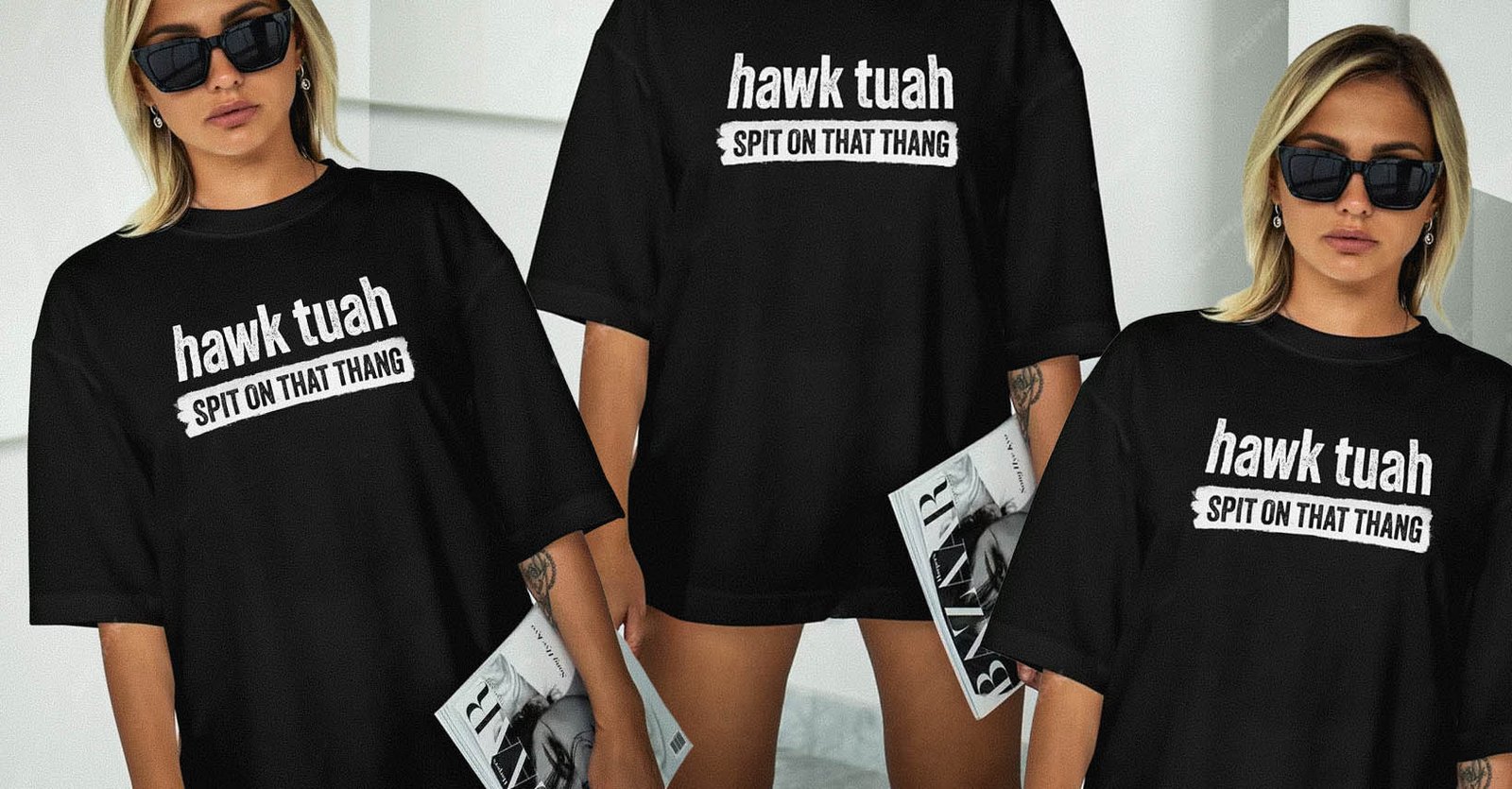 Hawk Tuah Spit On That Thang T-Shirt Tee Shirt Viral Meme Tee Hawk Tua Tush Hot Blonde Wearing Black Shirt With No Pants on