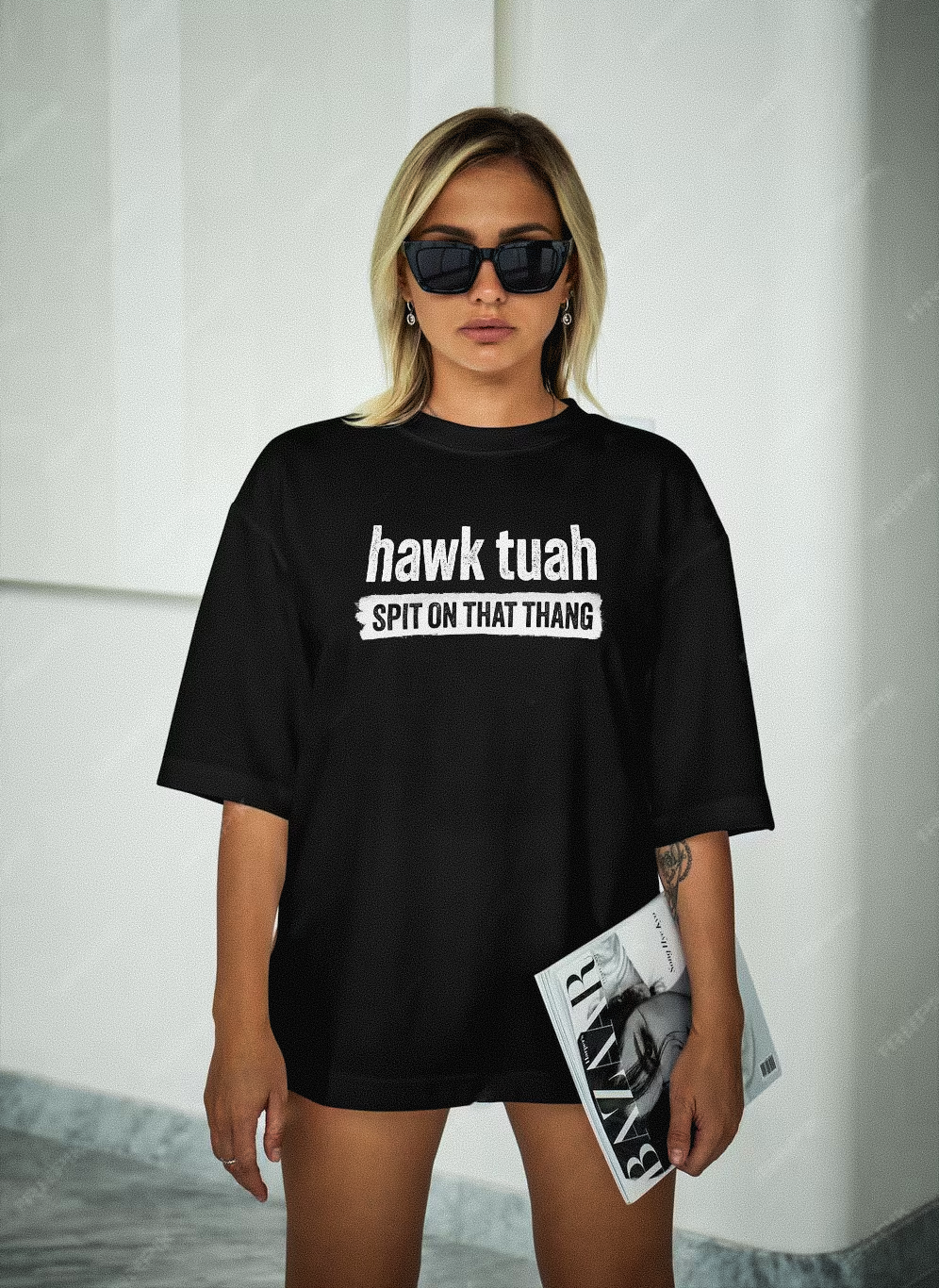 Hawk Tuah Spit On That Thang T-Shirt Tee Shirt Viral Meme Tee Hawk Tua Tush Hot Blonde Wearing Black Shirt With No Pants on